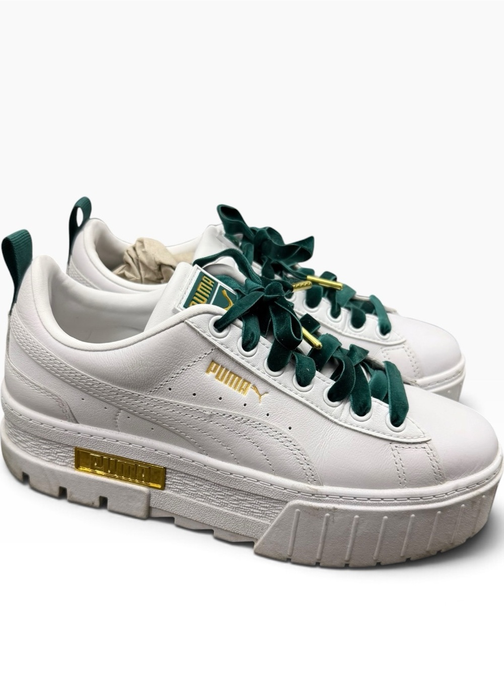 Puma White Platform Sneakers with Dark Green Laces and Gold Accents